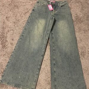 Edikted Blue Wide-Leg Jeans with Embellishments